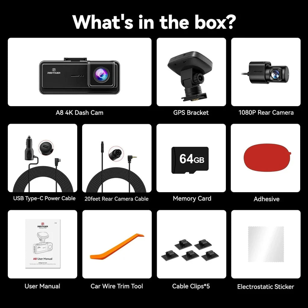 RedTiger A8 2CH 4K Touch Wifi GPS 64GB Dash Camera.