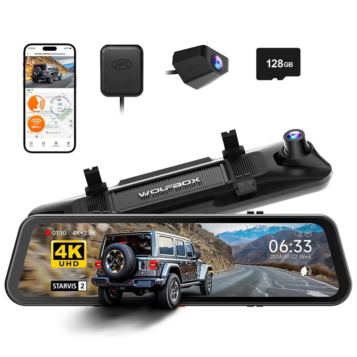 WOLFBOX G900 PRO Mirror Dash Cam with STARVIS 2 IMX678, Front 4K and Rear 2.5K