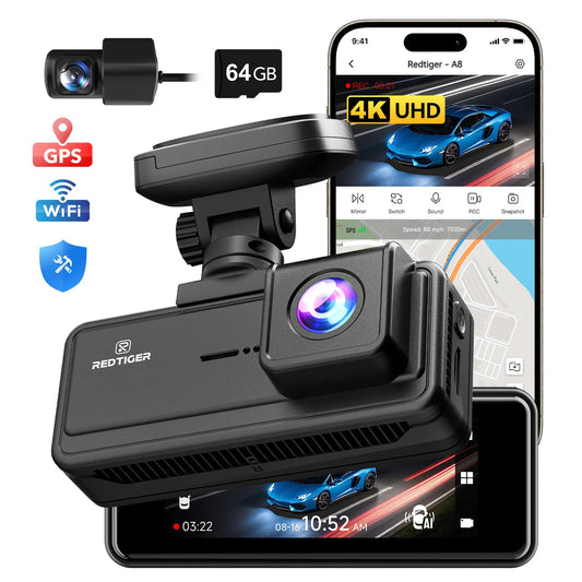 RedTiger A8 2CH 4K Touch Wifi GPS 64GB Dash Camera.