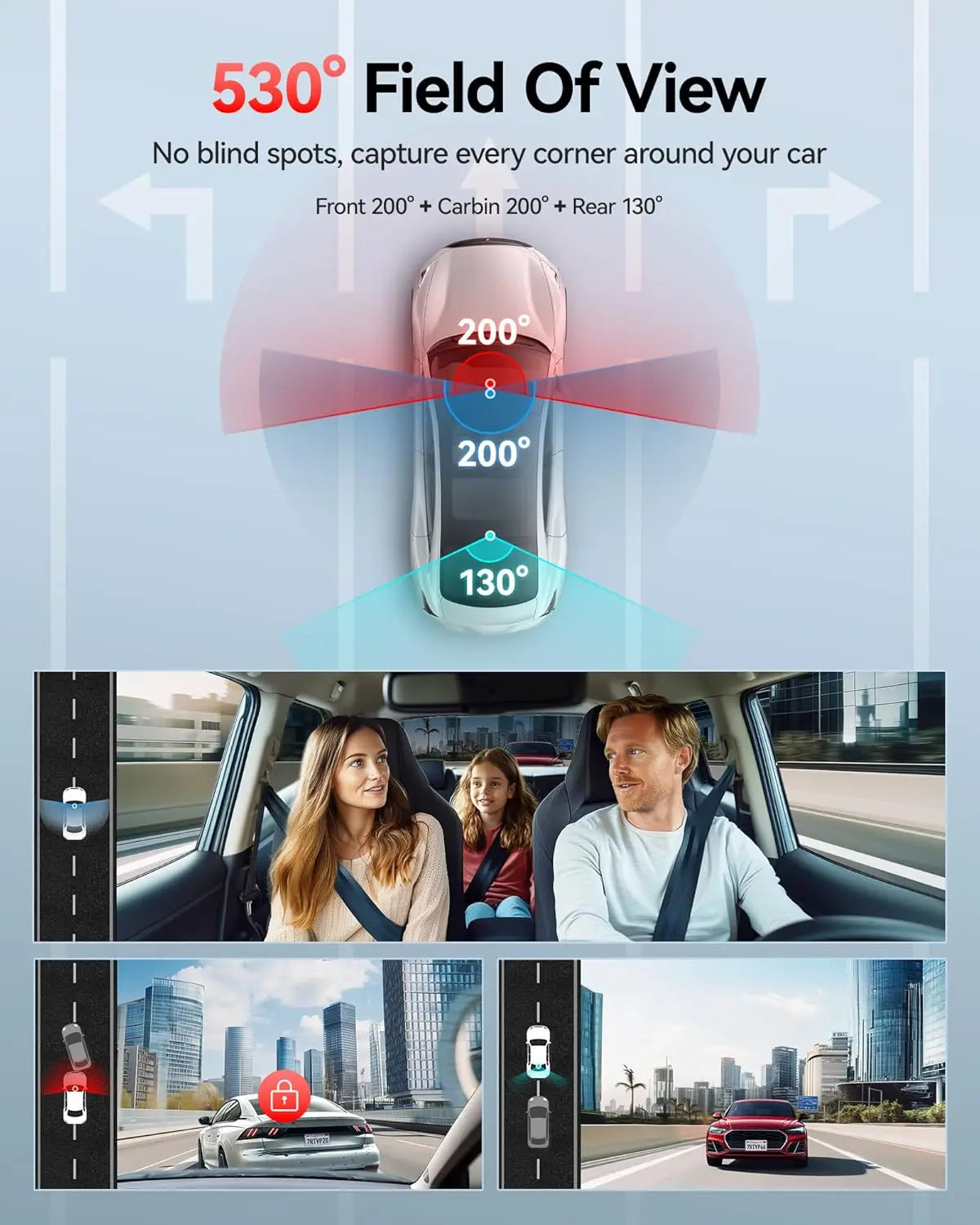 REDTIGER VP20 530° Dash Cam 3 Channel, 2.5K+2.5K+1080P Triple Car Camera