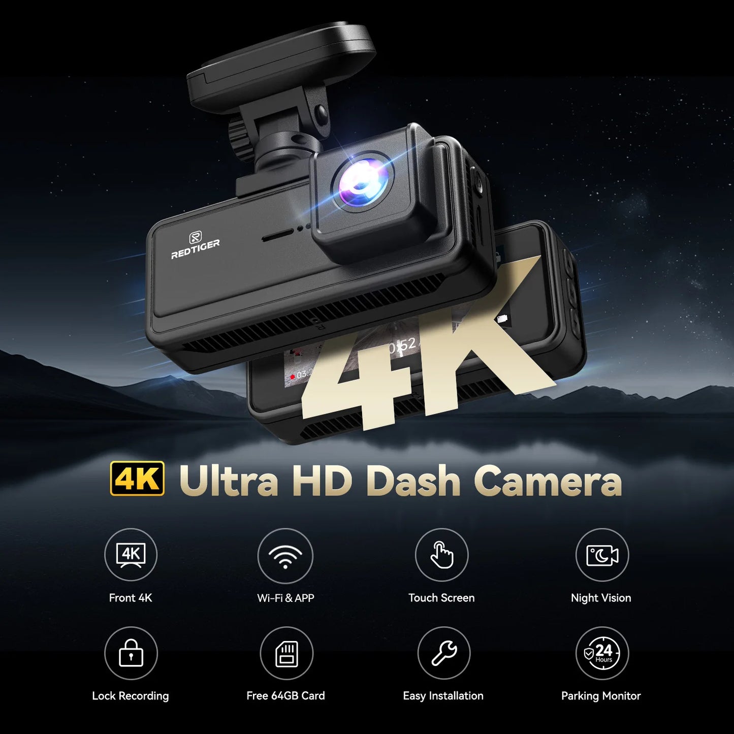 RedTiger A8 2CH 4K Touch Wifi GPS 64GB Dash Camera.