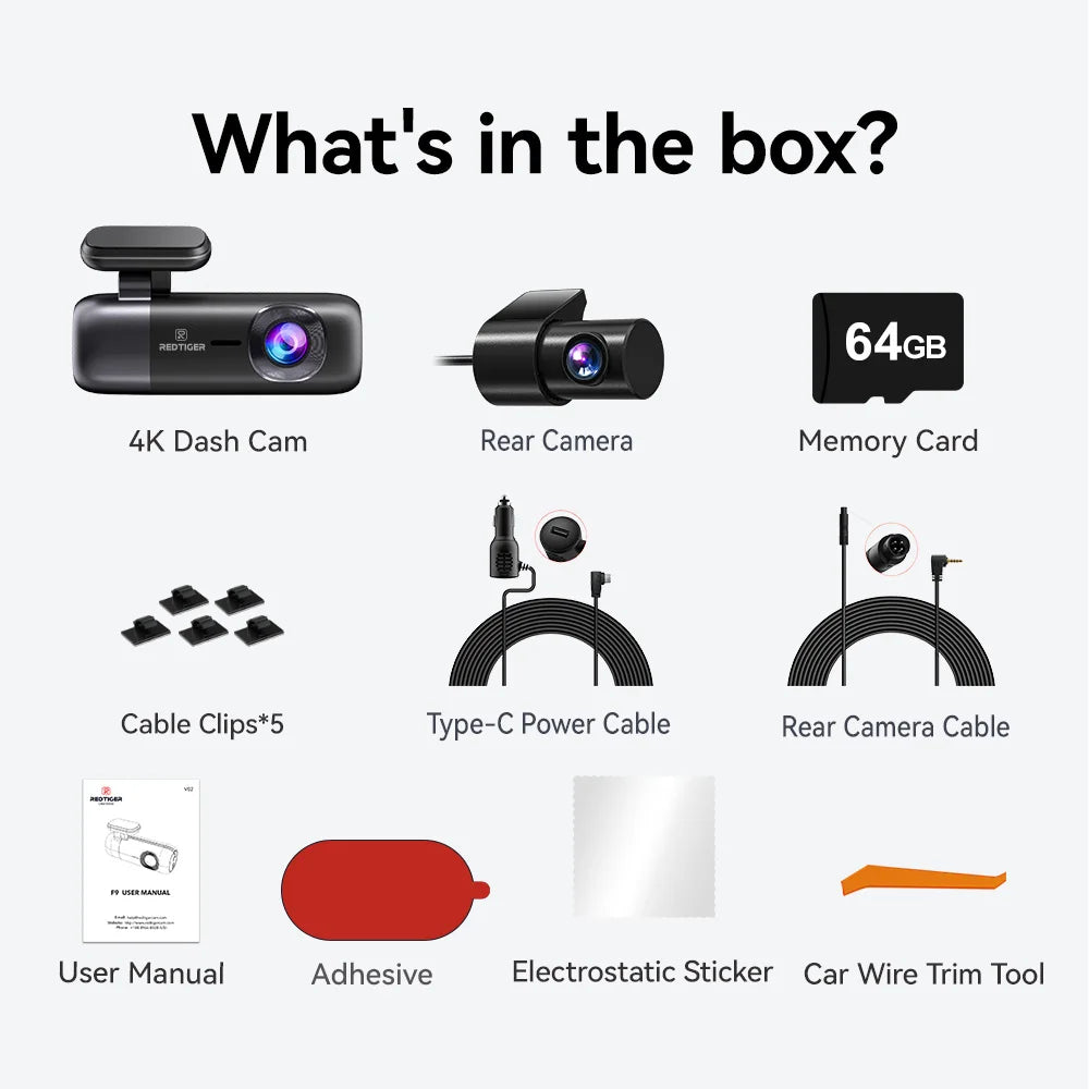 List of items included in a car camera system packaging on a white background