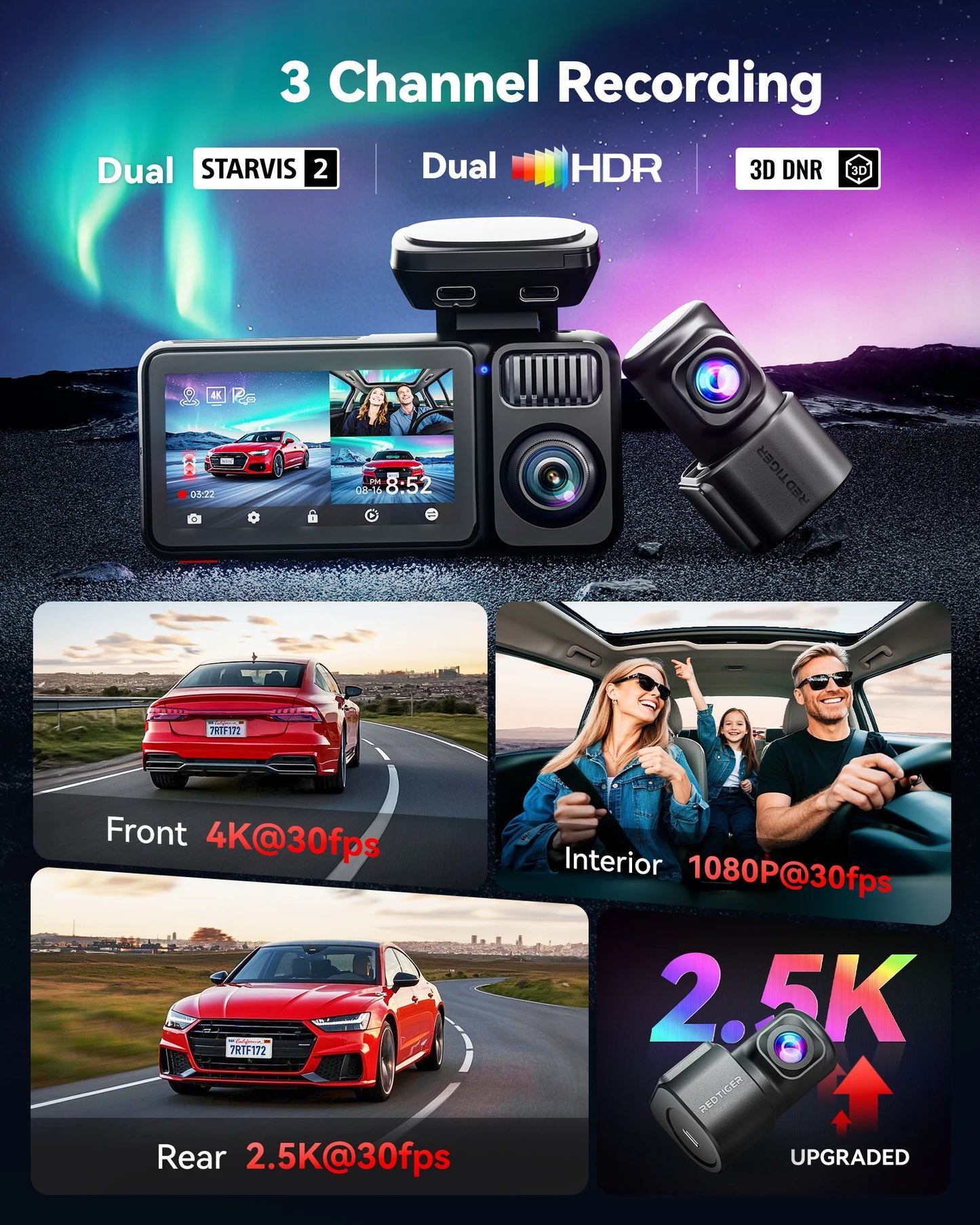 Redtiger F17 Elite 4K 3 Channel Dash Cam Sony STARVIS