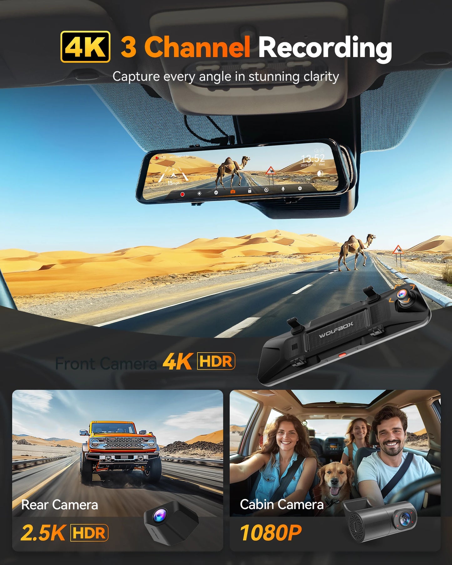 WOLFBOX G900 Tripro Cabin Version 3 Channel 4K Rear View Mirror Camera