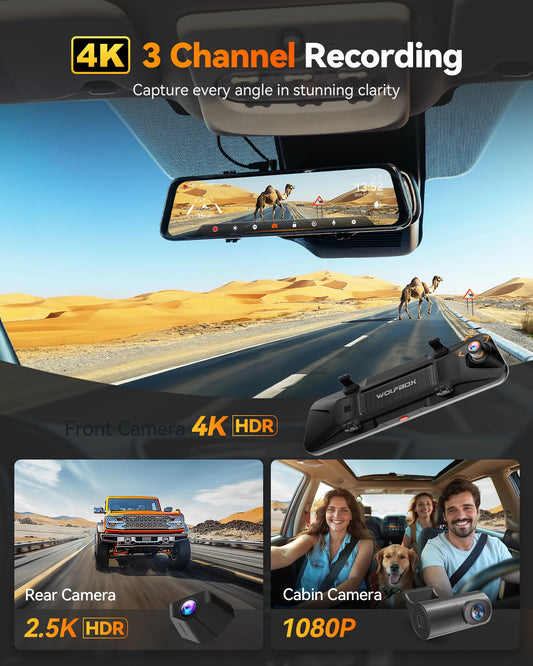 WOLFBOX G900 Tripro Cabin Version 3 Channel 4K Rear View Mirror Camera