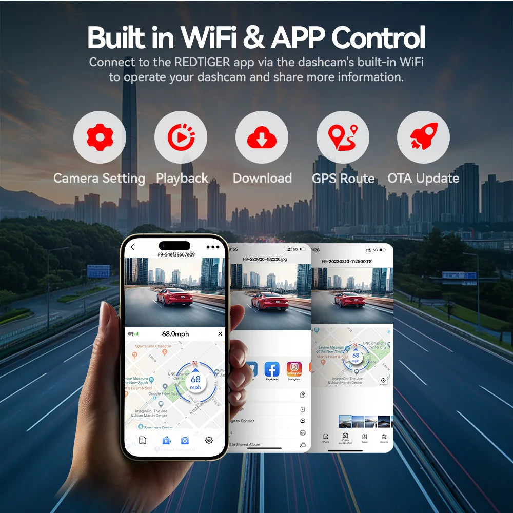 Smart dashcam with smartphone app interface on a road with cityscape background