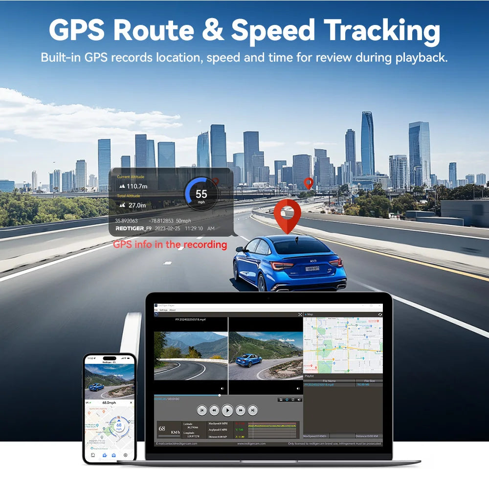 GPS route and speed tracking system with cityscape background