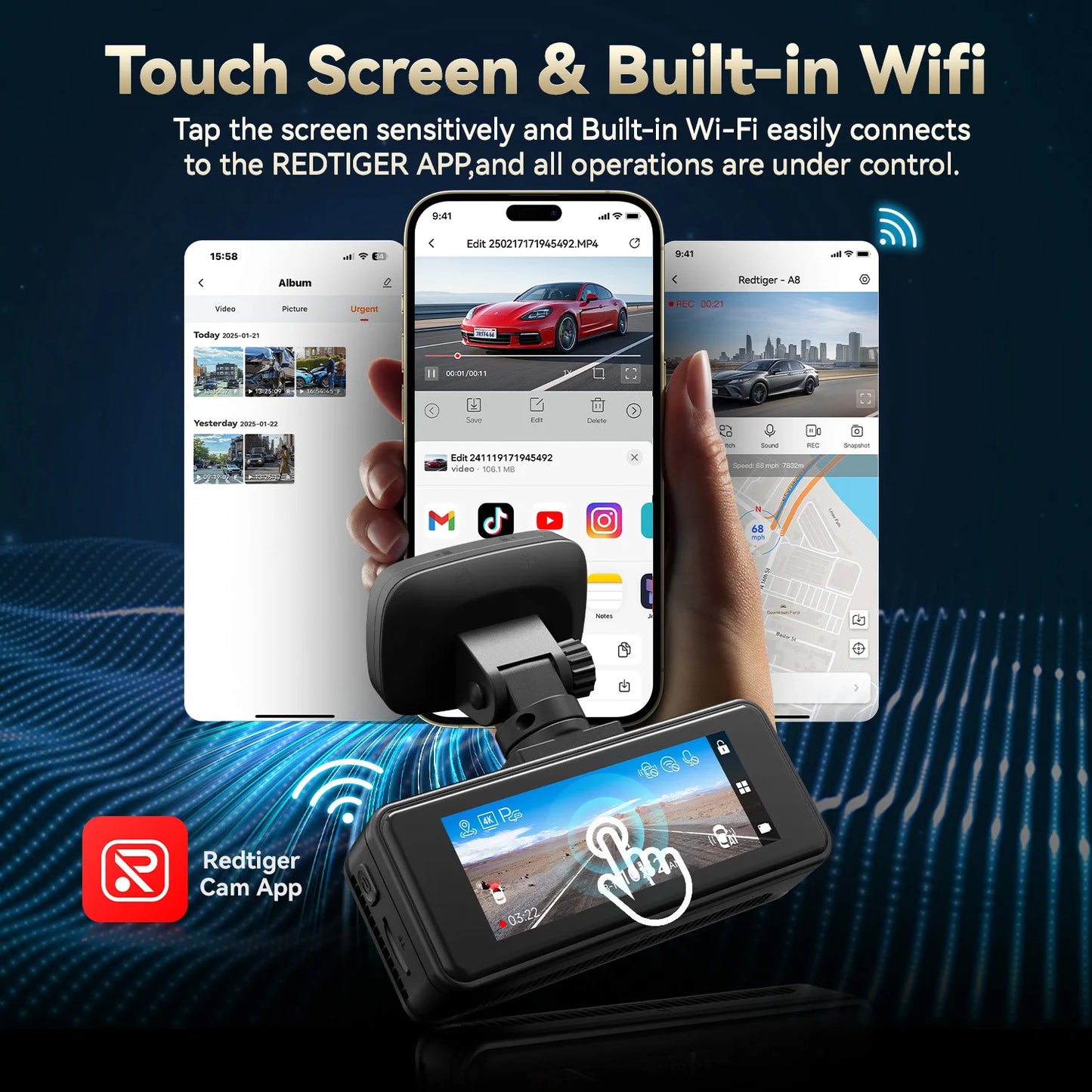 RedTiger A8 2CH 4K Touch Wifi GPS 64GB Dash Camera.