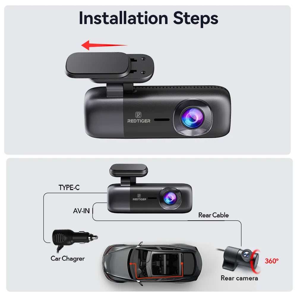 Installation steps for a car dashboard camera with diagram and text