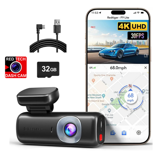 Red Tiger F9 Lite dash cam with smartphone displaying app interface, cable, and 32GB card on a white background.